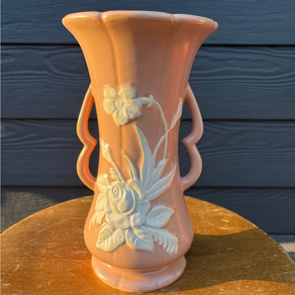 weller pottery cameo rose double handle vase - peach